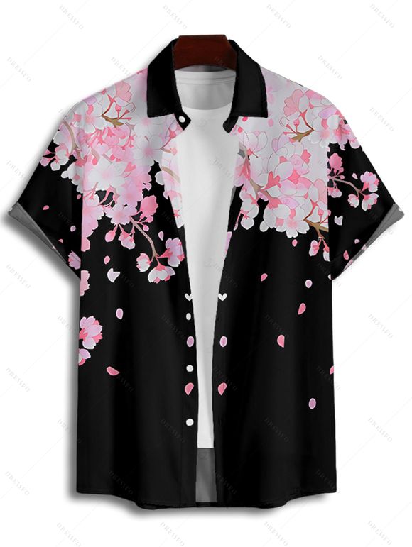 Vacation Couple Outfit Cherry Blossom Petal Flower Pattern Ruched Bust Sweetheart Neck Dress and Button Up Shirt Casual Matching Outfit - Noir S | US 4