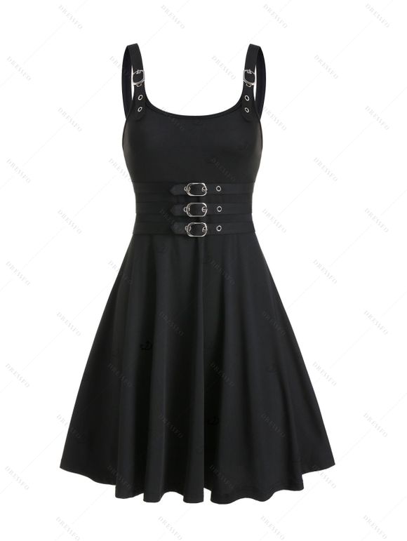 Robe grande taille unie, bretelles à boucle, œillets, col en U, taille haute, coupe trapèze, mi-longue, décontractée - Noir 5X | US 22