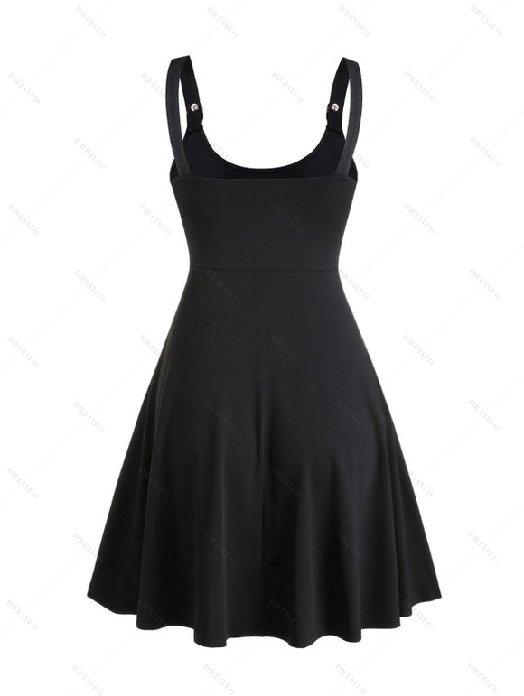 Robe grande taille unie, bretelles à boucle, œillets, col en U, taille haute, coupe trapèze, mi-longue, décontractée - Noir 1X | US 14