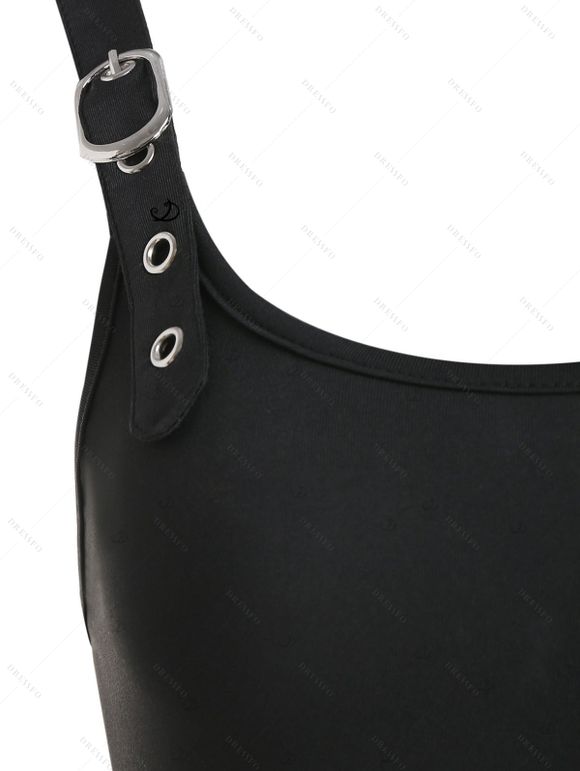 Robe grande taille unie, bretelles à boucle, œillets, col en U, taille haute, coupe trapèze, mi-longue, décontractée - Noir 1X | US 14