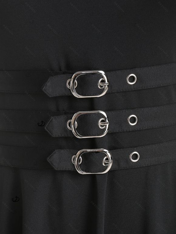 Robe grande taille unie, bretelles à boucle, œillets, col en U, taille haute, coupe trapèze, mi-longue, décontractée - Noir 1X | US 14