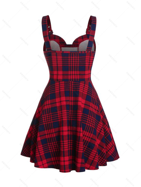 Robe vintage grande taille à carreaux, lacets, œillets, bretelles à boucle carrée, col en cœur, mini-robe trapèze - Rouge foncé 4X | US 20