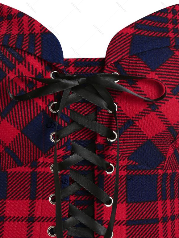 Robe vintage grande taille à carreaux, lacets, œillets, bretelles à boucle carrée, col en cœur, mini-robe trapèze - Rouge foncé 4X | US 20