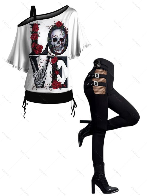 Gothic Women Outfit Rose Skulls Skeleton Love Letter Pattern Skew Neck Half Batwing Sleeve Cinched T-Shirt and Solid Color Hollow Out Buckle Strap Pants Set - Noir S | US 4