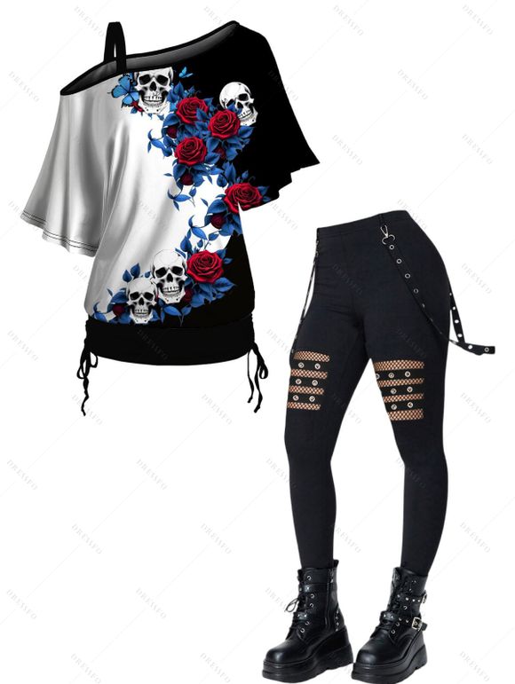 Gothic Women Outfit Rose Leaf Contrast Color Pattern Skew Neck Half Batwing Sleeve Cinched T-Shirt and Solid Color Hollow Out Buckle Strap Pants Set - Noir S | US 4
