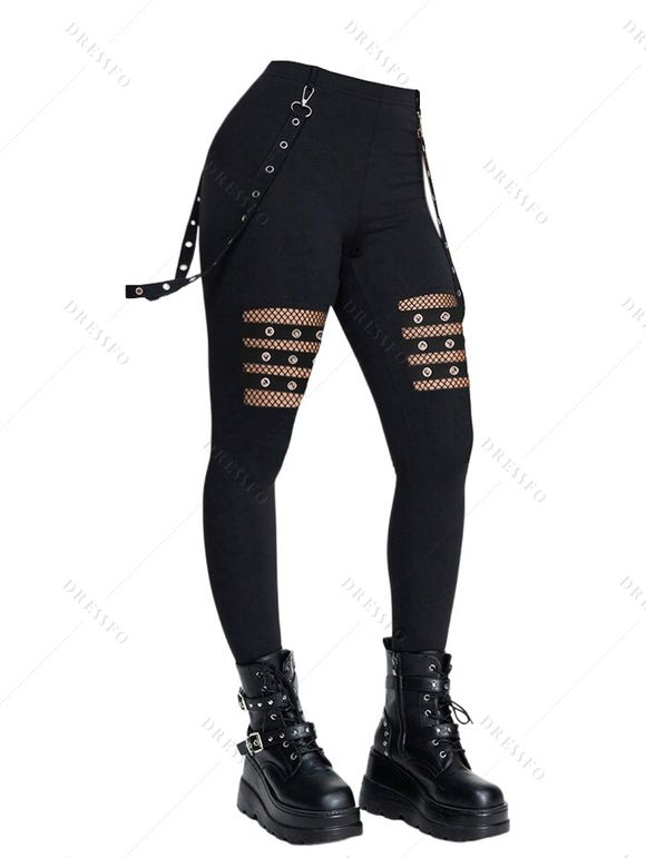 Gothic Women Outfit Rose Leaf Contrast Color Pattern Skew Neck Half Batwing Sleeve Cinched T-Shirt and Solid Color Hollow Out Buckle Strap Pants Set - Noir S | US 4