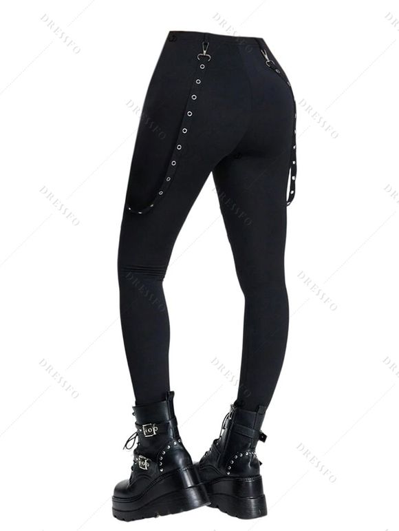 Gothic Women Outfit Rose Leaf Contrast Color Pattern Skew Neck Half Batwing Sleeve Cinched T-Shirt and Solid Color Hollow Out Buckle Strap Pants Set - Noir S | US 4