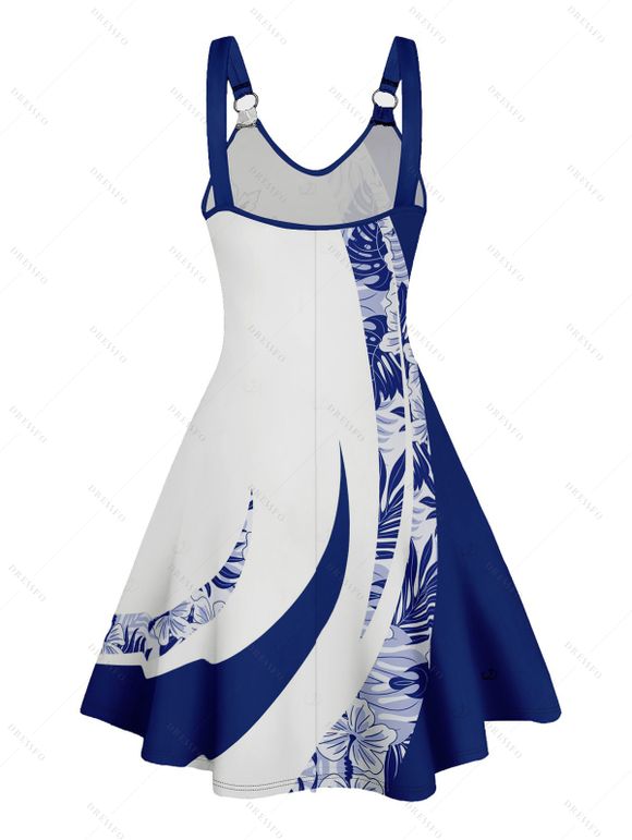 Robe de vacances à imprimé feuilles et fleurs de couleur contrastée, mini-robe décontractée à bretelles et col en V - Bleu XXL | US 14
