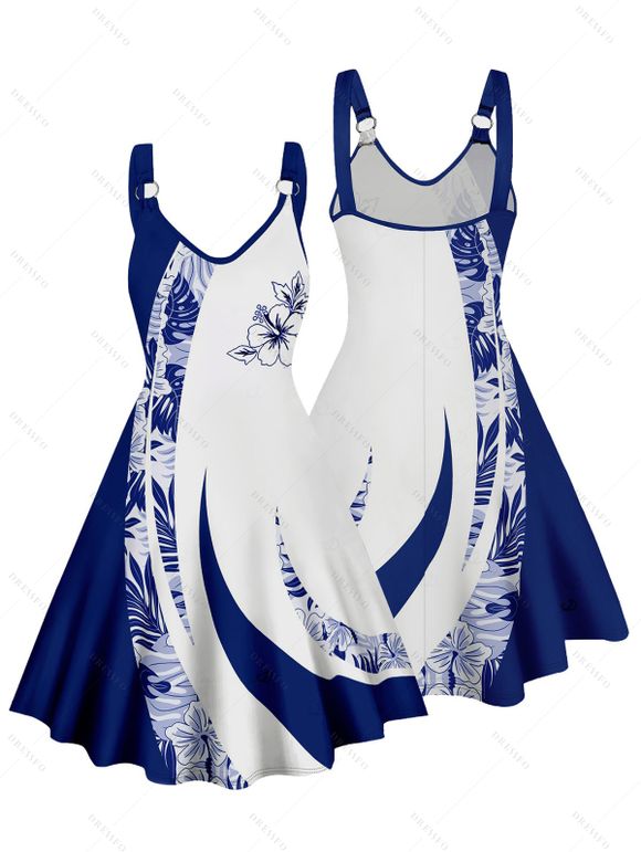 Robe de vacances à imprimé feuilles et fleurs de couleur contrastée, mini-robe décontractée à bretelles et col en V - Bleu XXL | US 14