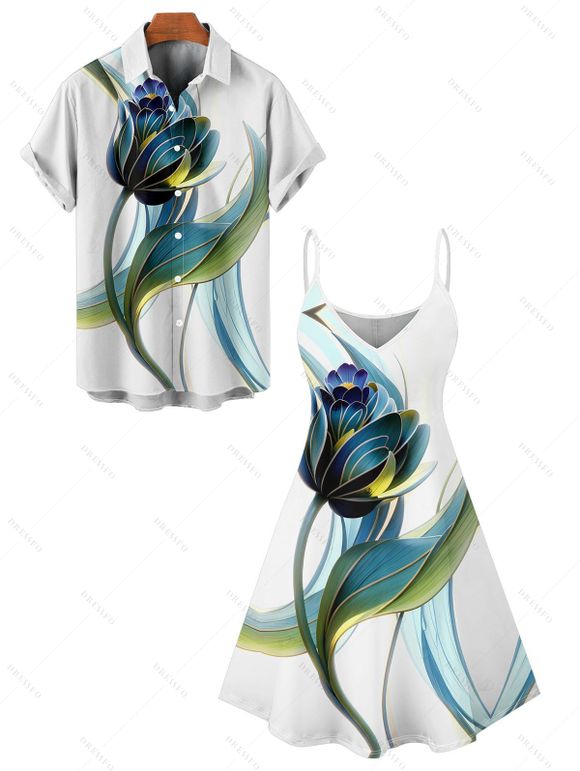 Vacation Couple Outfit Floral Leaf Print Spaghetti Strap V Neck A Line Mini Tank Dress and Button Up Shirt Casual Matching Outfit - Blanc S | US 4