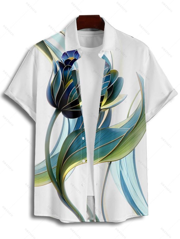 Vacation Couple Outfit Floral Leaf Print Spaghetti Strap V Neck A Line Mini Tank Dress and Button Up Shirt Casual Matching Outfit - Blanc S | US 4