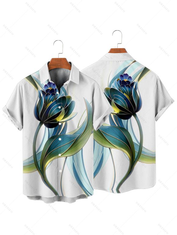 Vacation Couple Outfit Floral Leaf Print Spaghetti Strap V Neck A Line Mini Tank Dress and Button Up Shirt Casual Matching Outfit - Blanc S | US 4