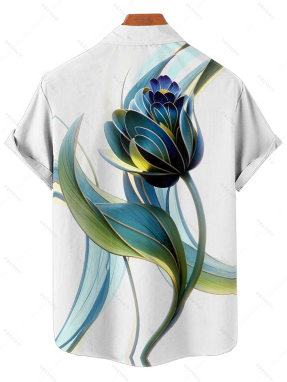 Chemise de vacances à imprimé floral et feuilles pour homme, boutonnée, retroussée, manches courtes, décontractée - Blanc 4XL