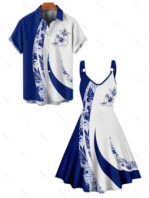 Vacation Couple Outfit Contrast Color Leaf Flower Print O Ring Strap V Neck A Line Mini Dress and Button Up Shirt Casual Matching Outfit - Bleu S | US 4