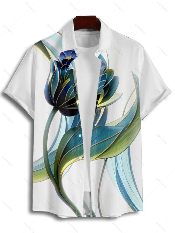 Chemise de vacances à imprimé floral et feuilles pour homme, boutonnée, retroussée, manches courtes, décontractée - Blanc 4XL