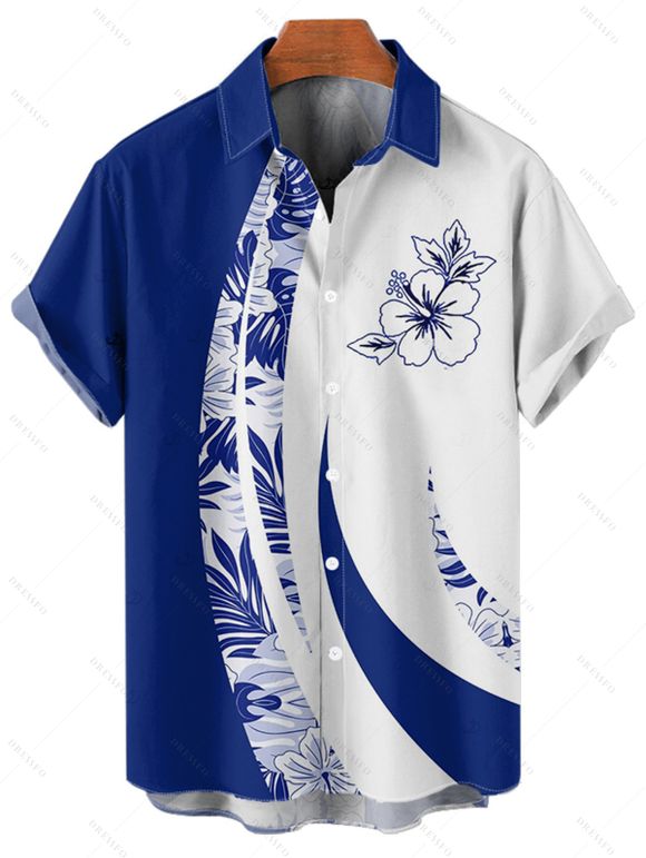 Vacation Couple Outfit Contrast Color Leaf Flower Print O Ring Strap V Neck A Line Mini Dress and Button Up Shirt Casual Matching Outfit - Bleu S | US 4