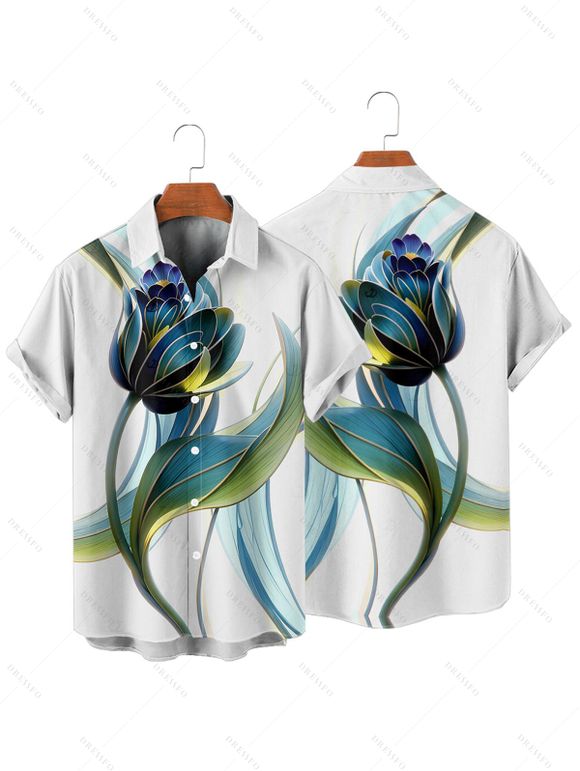 Chemise de vacances à imprimé floral et feuilles pour homme, boutonnée, retroussée, manches courtes, décontractée - Blanc 4XL