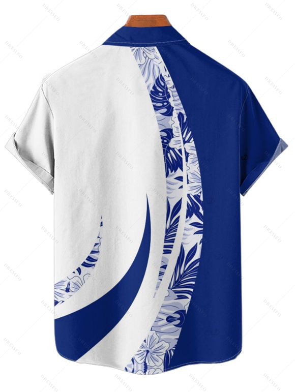 Vacation Couple Outfit Contrast Color Leaf Flower Print O Ring Strap V Neck A Line Mini Dress and Button Up Shirt Casual Matching Outfit - Bleu S | US 4