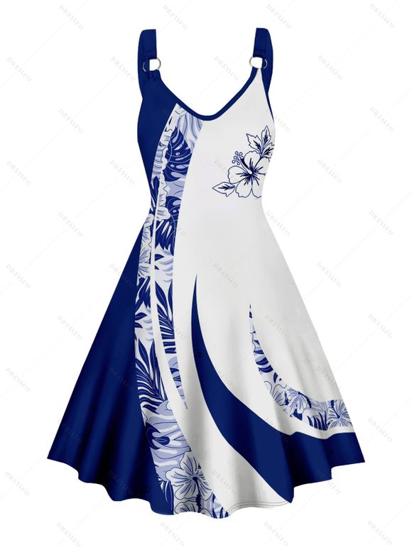 Vacation Couple Outfit Contrast Color Leaf Flower Print O Ring Strap V Neck A Line Mini Dress and Button Up Shirt Casual Matching Outfit - Bleu S | US 4