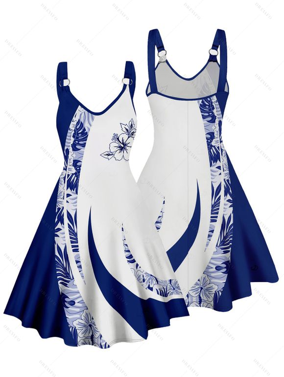 Vacation Couple Outfit Contrast Color Leaf Flower Print O Ring Strap V Neck A Line Mini Dress and Button Up Shirt Casual Matching Outfit - Bleu S | US 4