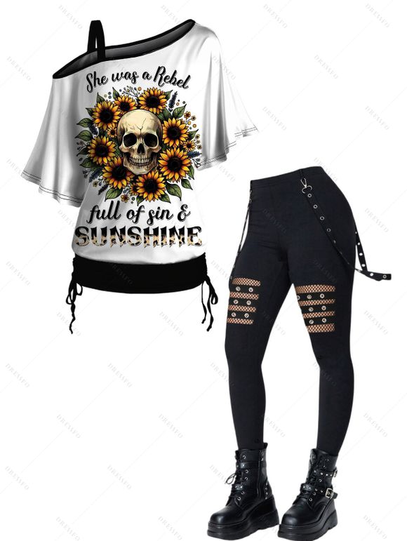 Gothic Women Outfit Sunflower Skulls Letter Pattern Skew Neck Half Batwing Sleeve Cinched T-Shirt and Solid Color Hollow Out Buckle Strap Pants Set - Noir S | US 4