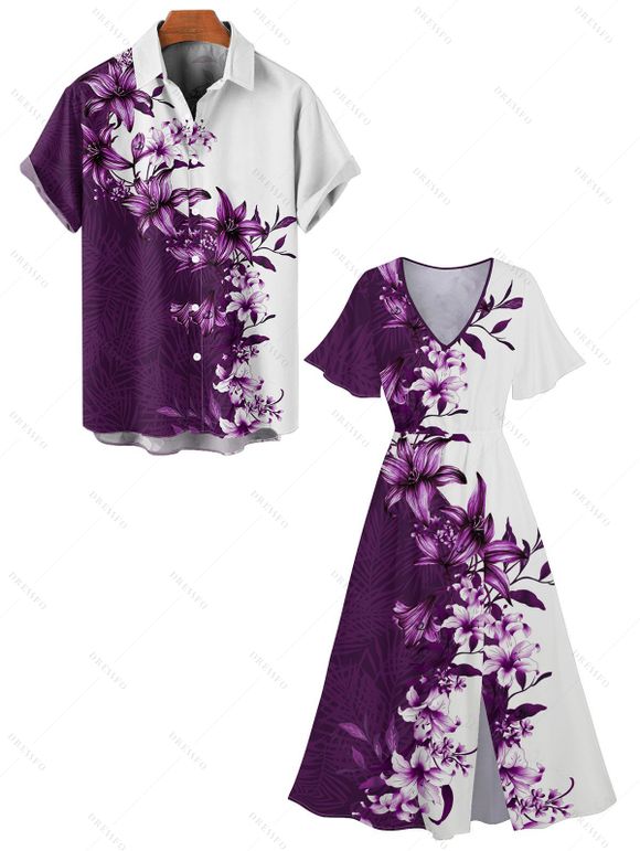 Floral Print V Neck Flare Sleeve Dress and Men's Button Up Short Sleeve Casual Shirt Outfit - Concorde S | US 4