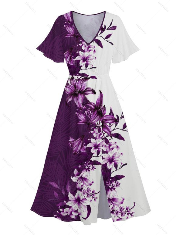 Floral Print V Neck Flare Sleeve Dress and Men's Button Up Short Sleeve Casual Shirt Outfit - Concorde S | US 4