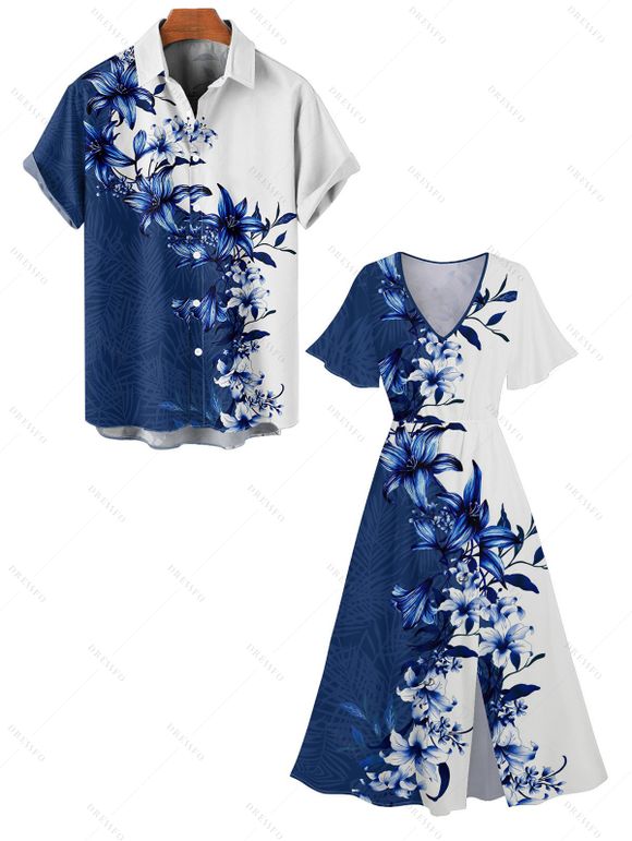 Floral Print V Neck Flare Sleeve Dress and Men's Button Up Short Sleeve Casual Shirt Outfit - Bleu profond S | US 4