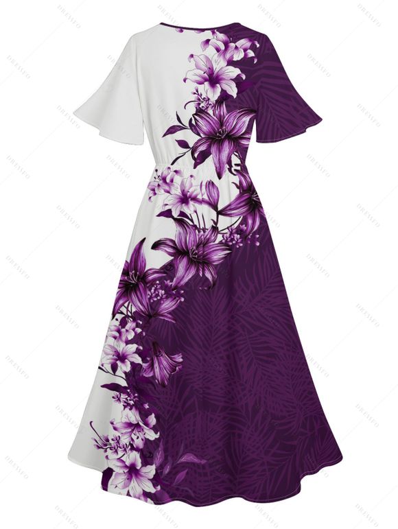 Floral Print V Neck Flare Sleeve Dress and Men's Button Up Short Sleeve Casual Shirt Outfit - Concorde S | US 4