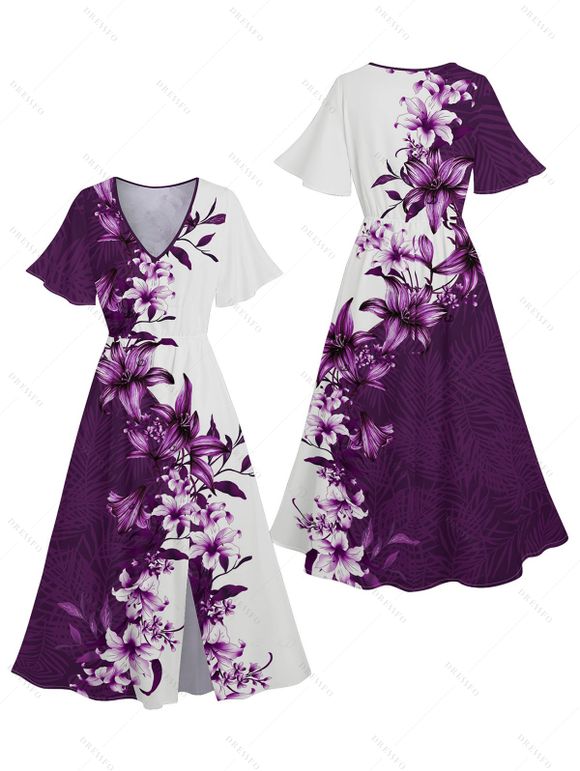 Floral Print V Neck Flare Sleeve Dress and Men's Button Up Short Sleeve Casual Shirt Outfit - Concorde S | US 4