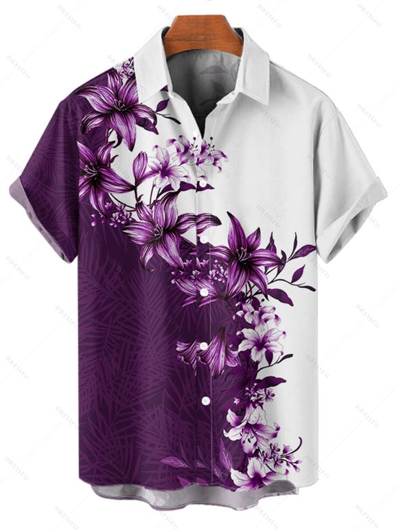 Floral Print V Neck Flare Sleeve Dress and Men's Button Up Short Sleeve Casual Shirt Outfit - Concorde S | US 4