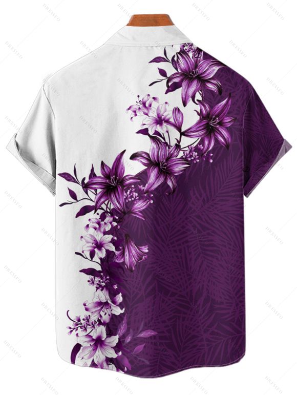 Floral Print V Neck Flare Sleeve Dress and Men's Button Up Short Sleeve Casual Shirt Outfit - Concorde S | US 4