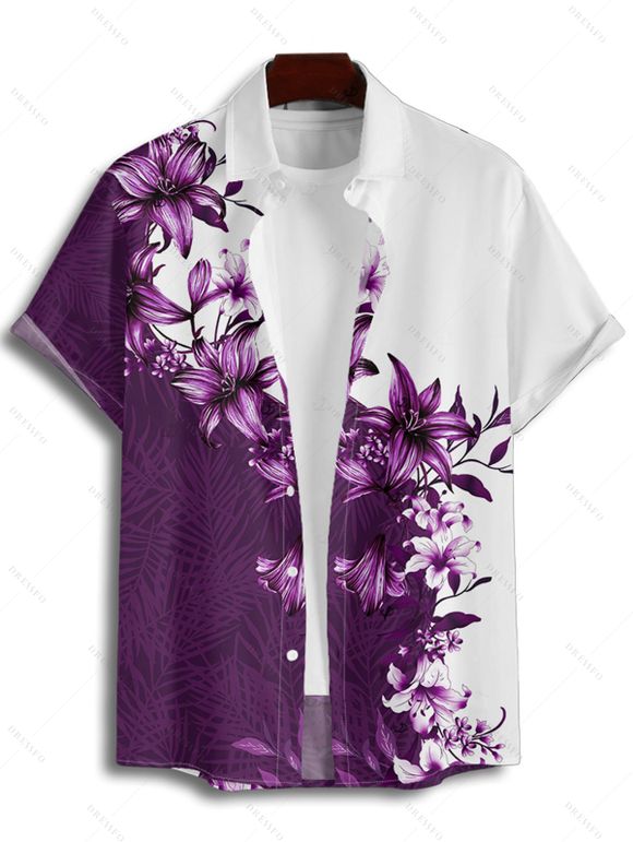 Floral Print V Neck Flare Sleeve Dress and Men's Button Up Short Sleeve Casual Shirt Outfit - Concorde S | US 4