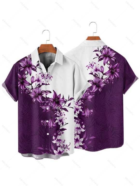 Floral Print V Neck Flare Sleeve Dress and Men's Button Up Short Sleeve Casual Shirt Outfit - Concorde S | US 4