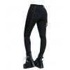 Gothic Women Outfit Rose Skulls Skeleton Love Letter Pattern Skew Neck Half Batwing Sleeve Cinched T-Shirt and Solid Color Hollow Out Buckle Strap Pants Set - BLACK S | US 4