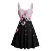 Robe de vacances à motif de pétales de fleurs de cerisier, buste froncé, col en cœur, robe trapèze mini décontractée - Noir XXXXXL | US 20