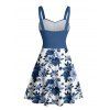 Robe de vacances à imprimé floral et feuilles colorblock, buste froncé, col en cœur, mini robe décontractée trapèze - Bleu profond XXXXXL | US 20