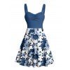 Robe de vacances à imprimé floral et feuilles colorblock, buste froncé, col en cœur, mini robe décontractée trapèze - Bleu profond XXXXXL | US 20