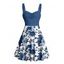 Robe de vacances à imprimé floral et feuilles colorblock, buste froncé, col en cœur, mini robe décontractée trapèze - Bleu profond XXXXXL | US 20