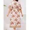 Robe de vacances grande taille à motif géométrique de cocotiers, manches mi-évasées, col en V, coupe trapèze, mi-longue, décontractée - café 4XL | US 22