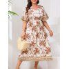 Robe de vacances grande taille à motif géométrique de cocotiers, manches mi-évasées, col en V, coupe trapèze, mi-longue, décontractée - café 4XL | US 22