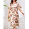 Robe de vacances grande taille à motif géométrique de cocotiers, manches mi-évasées, col en V, coupe trapèze, mi-longue, décontractée - café 4XL | US 22