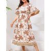 Robe de vacances grande taille à motif géométrique de cocotiers, manches mi-évasées, col en V, coupe trapèze, mi-longue, décontractée - café 4XL | US 22