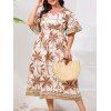 Robe de vacances grande taille à motif géométrique de cocotiers, manches mi-évasées, col en V, coupe trapèze, mi-longue, décontractée - café 4XL | US 22