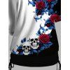 T-shirt gothique à col oblique et manches mi-chauve-souris, motif de feuilles de rose contrastées, haut de vacances cintré - Noir XXL | US 14