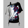 T-shirt gothique à col oblique et manches mi-chauve-souris, motif de feuilles de rose contrastées, haut de vacances cintré - Noir XXL | US 14