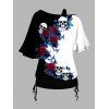 T-shirt gothique à col oblique et manches mi-chauve-souris, motif de feuilles de rose contrastées, haut de vacances cintré - Noir XXL | US 14