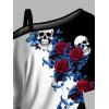 T-shirt gothique à col oblique et manches mi-chauve-souris, motif de feuilles de rose contrastées, haut de vacances cintré - Noir XXL | US 14