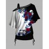 Gothic Women Outfit Rose Leaf Contrast Color Pattern Skew Neck Half Batwing Sleeve Cinched T-Shirt and Solid Color Hollow Out Buckle Strap Pants Set - Noir S | US 4