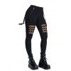 Gothic Women Outfit Rose Leaf Contrast Color Pattern Skew Neck Half Batwing Sleeve Cinched T-Shirt and Solid Color Hollow Out Buckle Strap Pants Set - Noir S | US 4
